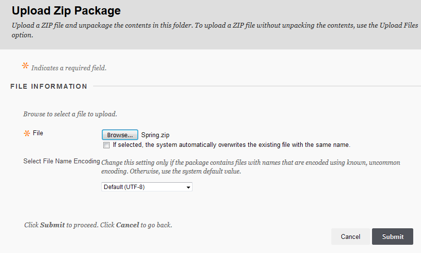 Upload Zip package page