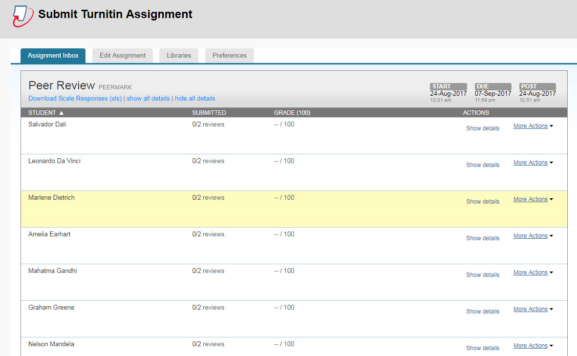 List of students submissions to peer review