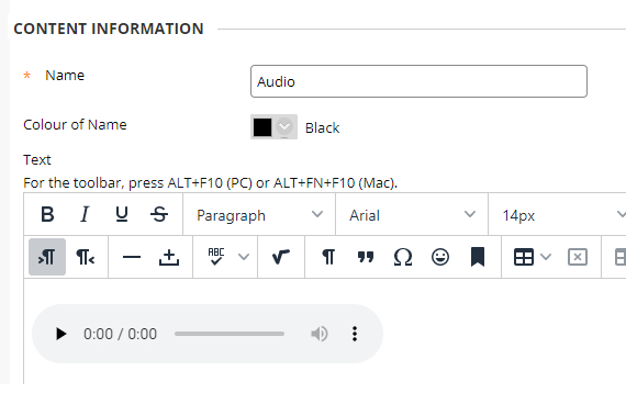 Screen shot of audio file, which has been uploaded to the Content Editor. It has a play button and volume controls