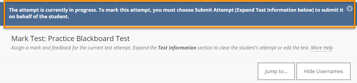 Blackboard Test attempt in progress - warning message