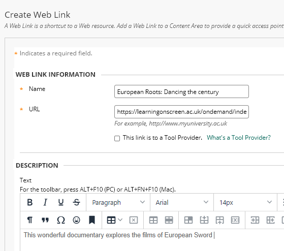 Create Web link screen shot with new Content Editor