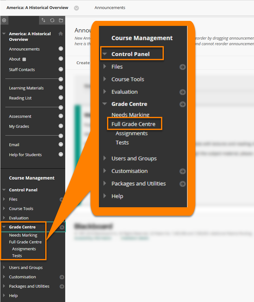 Control Panel with Full Grade Centre link highlighted