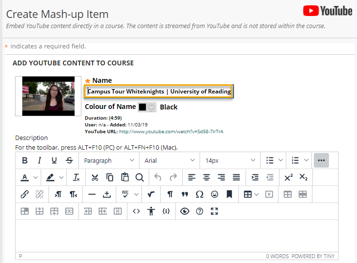 Screen show of Create Mash-up item screen 