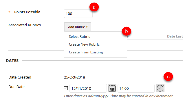 Point possible, Rubric and due date options