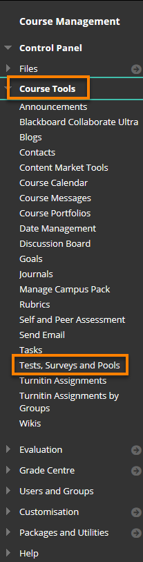 In the control panel using the course tools, and Tests Surveys and Pools