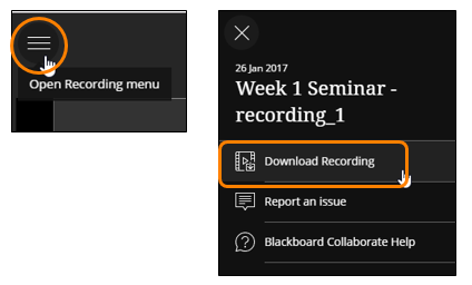 Hamburger menu to download recordings