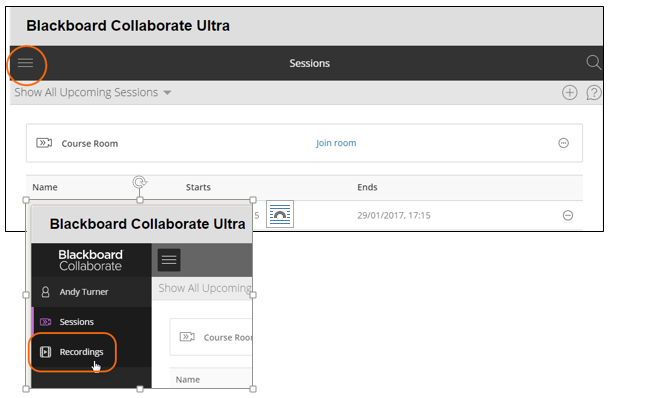 Top left Hamburger menu in the Collaborate page, when opened clicking 'recordings'