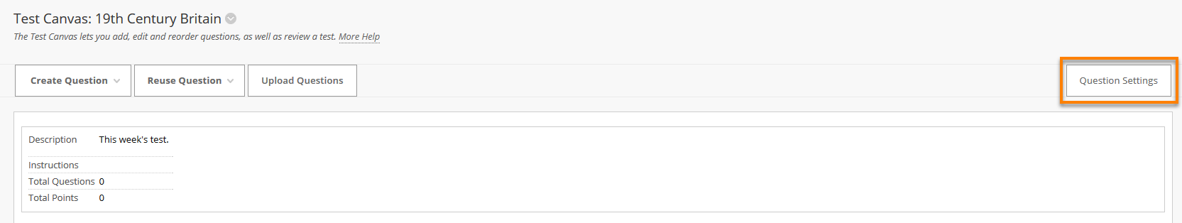 Question Settings button in top right of test canvas