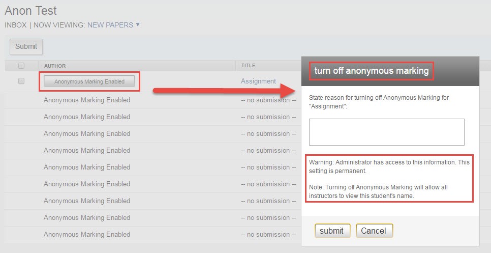 Bar button being pressed and text box shown if need to turn off anonymous marking for student.