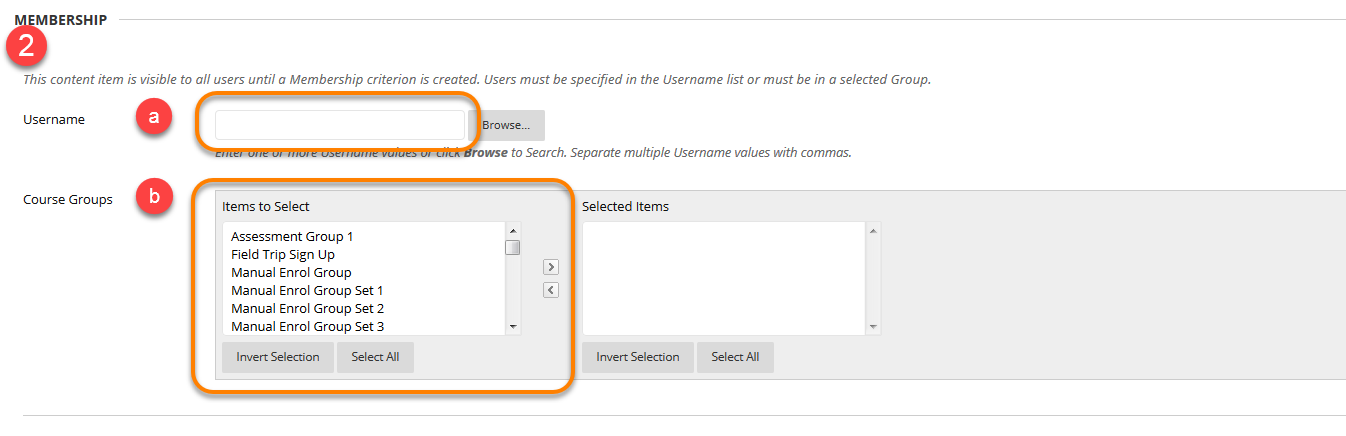 Membership category boxes, highlighting a. the individual membership box. b. the groups list to select.