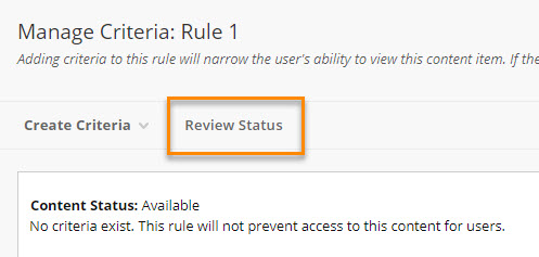 Manage Criteria: Review Status option highlighted