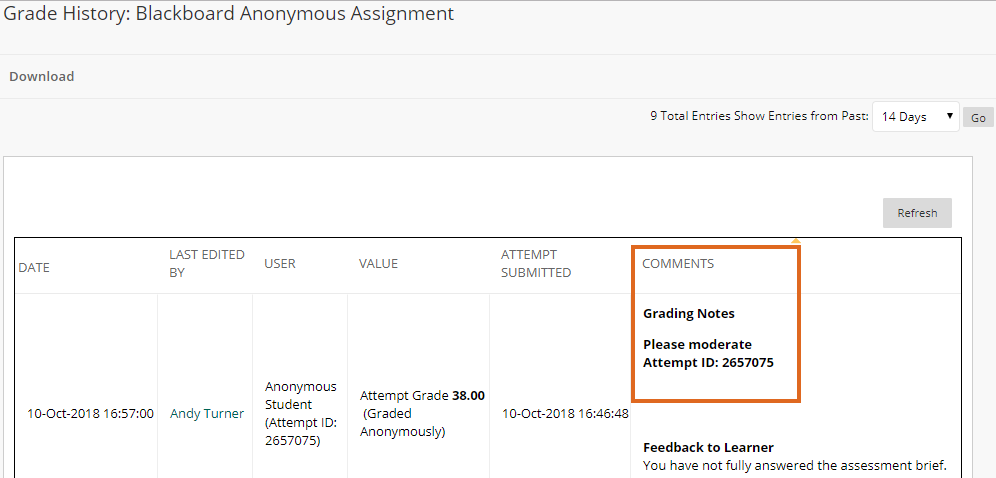 Blackboard Anonymous Marking - Named Moderation - Grade History - Grading Notes