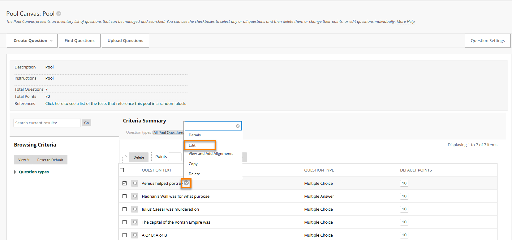 Edit individual questions using grey chevron menu