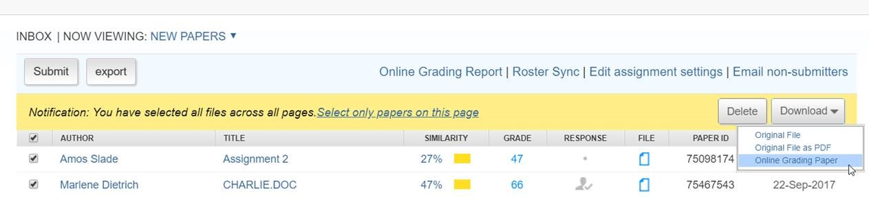 Image showing the Turnitin assignment inbox with papers selected and the "Download grading paper" option highlighted.