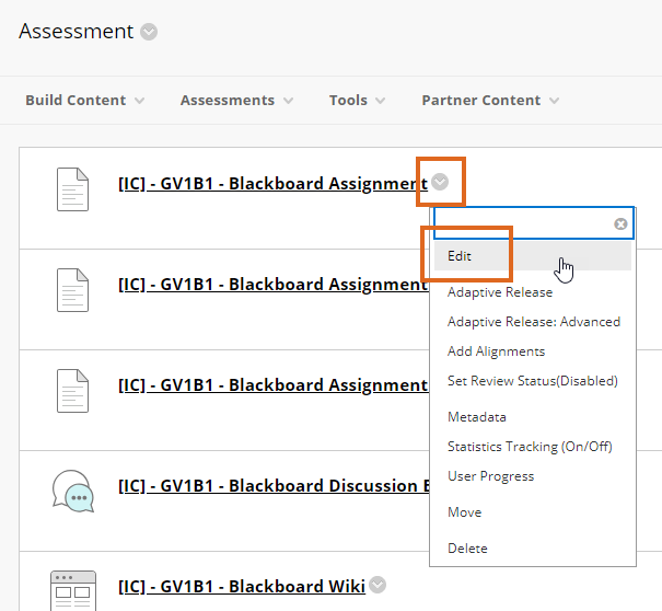 Showing list of assignments and Edit option in drop down menu