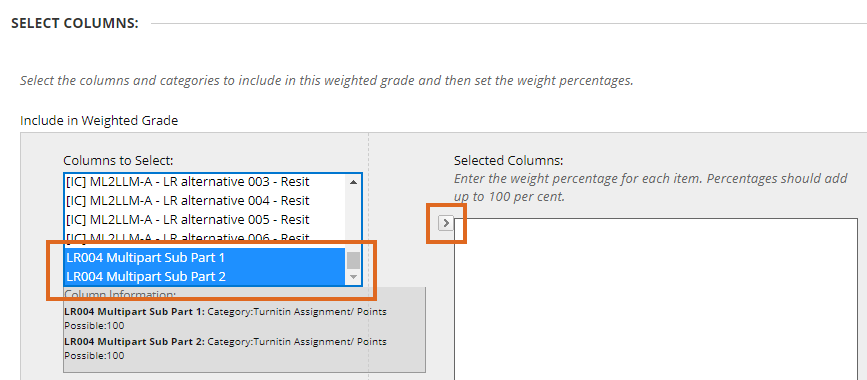 Selecting the columns of the parts of the assessment to be used in the calculations