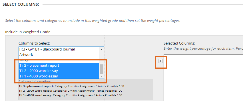 Selecting the columns of the parts of the assessment to be used in the calculations