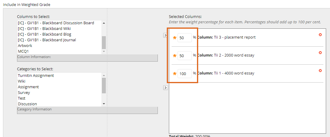 Entering the percentage each column is worth