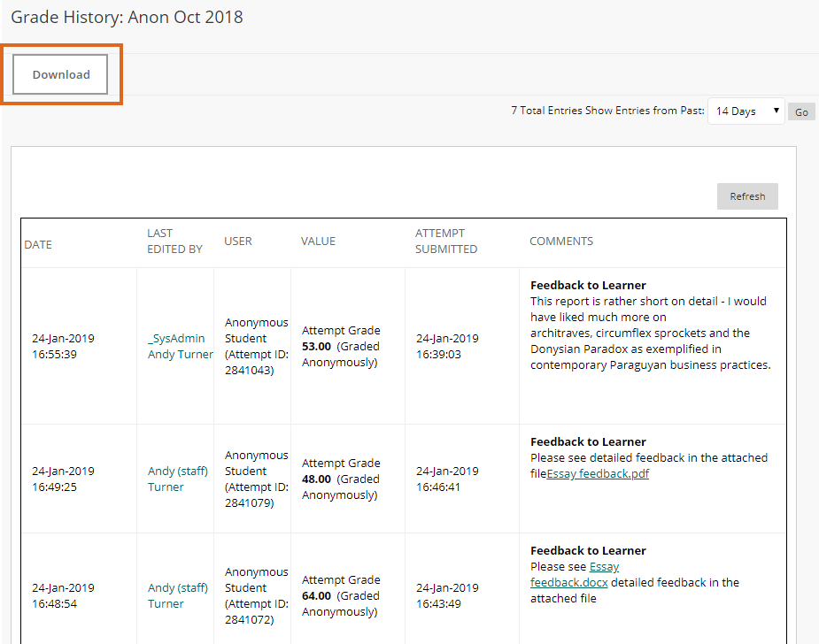 Anonymous Blackboard Assignment - View Grade History