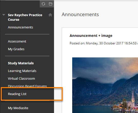 Course menu with the heading Reading List highlighted