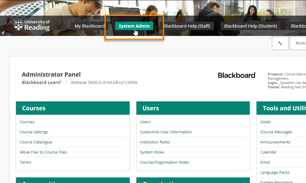 System admin tab in Blackboard