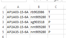 Excel spreadsheet with first column showing course IDsm second usernames and third the letter T or P