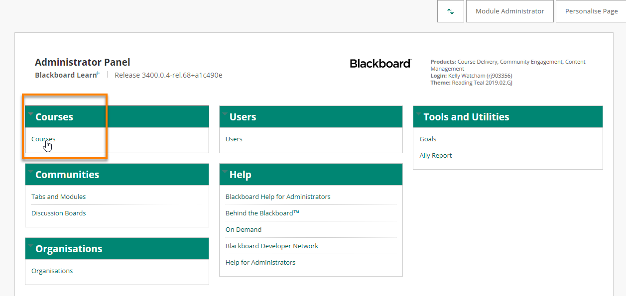 Courses module on the System Admin tab