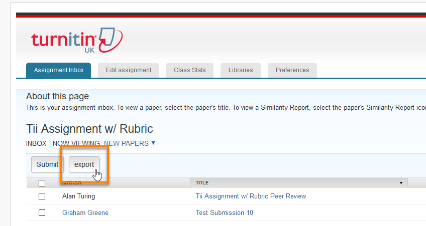 Turnitin assignment inbox with the export button highlighted.