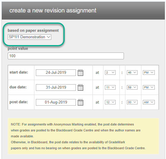 Choosing which Turnitin assignment to link the revision assignment to