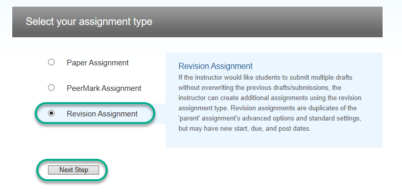 Turnitin Assignment type menu, choosing revision assignment