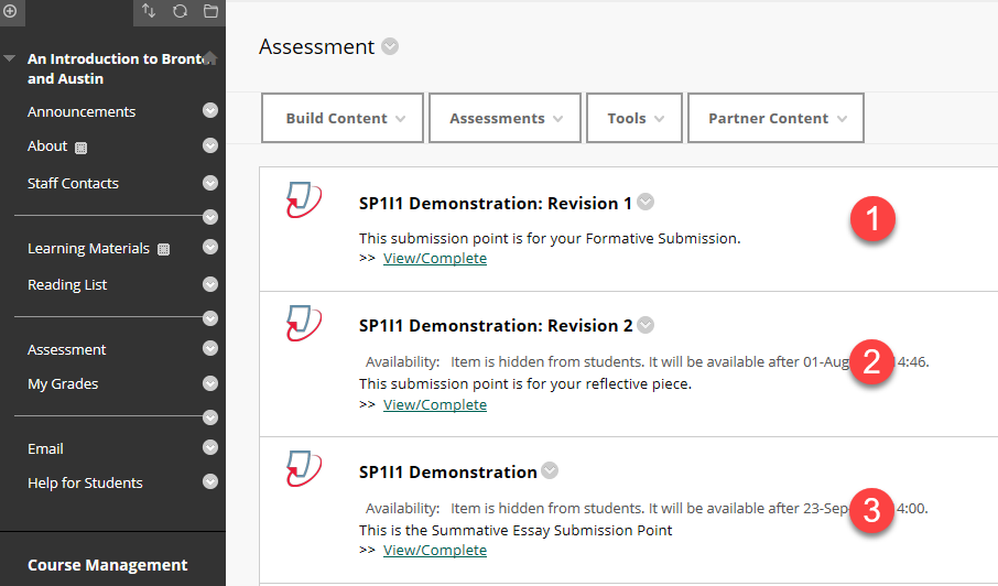 The progression of assignments in the Assessment area