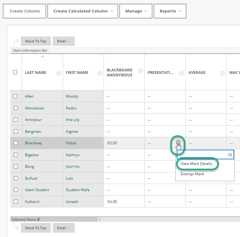 In a grade centre column opening the drop down menu and Selecting View Mark Details for a user