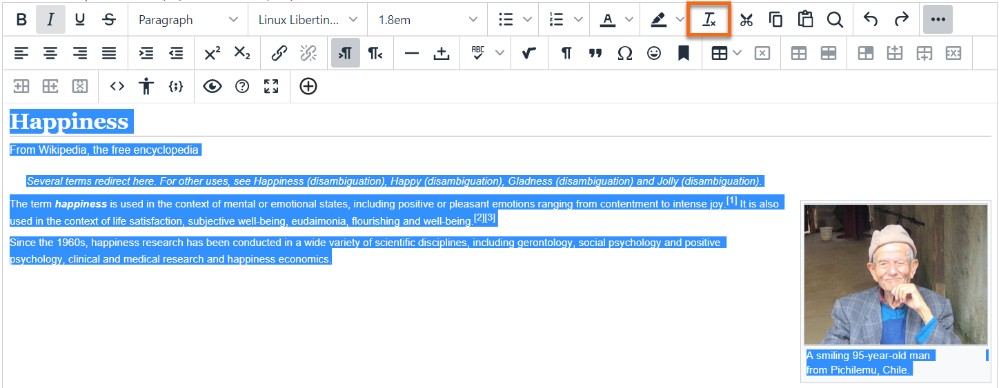 Screen shot of Content Editor with text in the editor highlighted and the remove formatting icon identified with an orange square. 