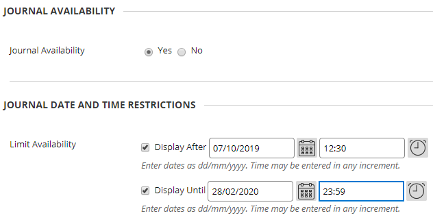 Screenshot showing how to set Journal availability