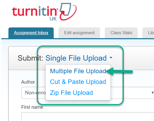 Screenshot of Drop down menu to chose type of file upload. Arrow highlighting Multiple File Upload choice