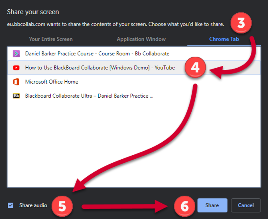 The Blackboard Collaborate Share Your Screen window. There are 4 further instructions. Third, select Chrome Tab. Fourth, Select the tab you want to share. Fifth, click the Share Audio tickbox. Sixth, Click Share.