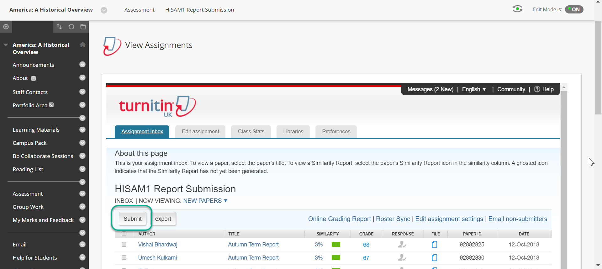 Screenshot of the Submit button in the Turnitin Assignment Inbox
