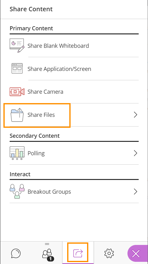 A screenshot of the share content menu. Highlighting Share Content menu button and Share Files menu option