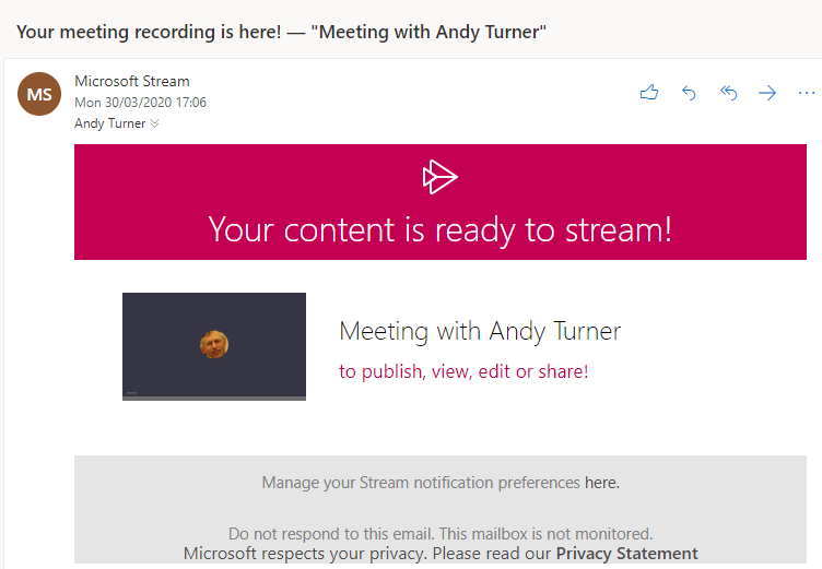 Teams recording ready in Stream - email notification