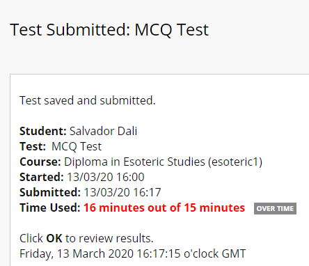 Test submitted over time - student view
