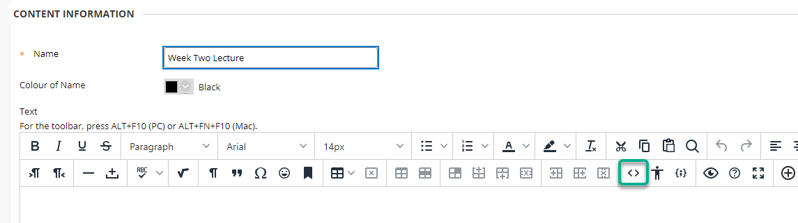 Highlighting the Embed Button in the Blackboard Content editor