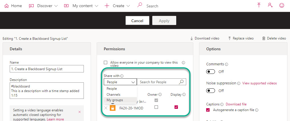 On Stream permissions, this image shows the user filtering the "Share with" field to "My Groups"