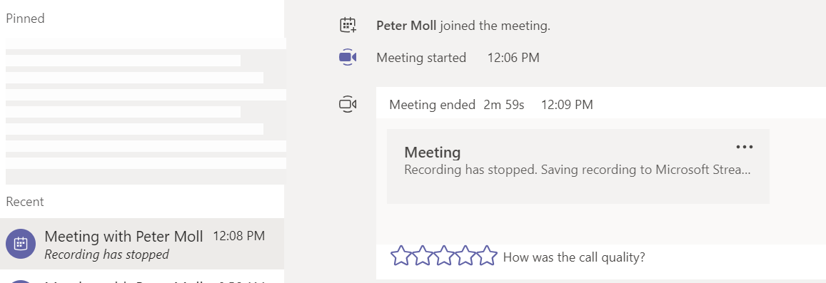 Showing the Teams meeting chat with processing meeting recording