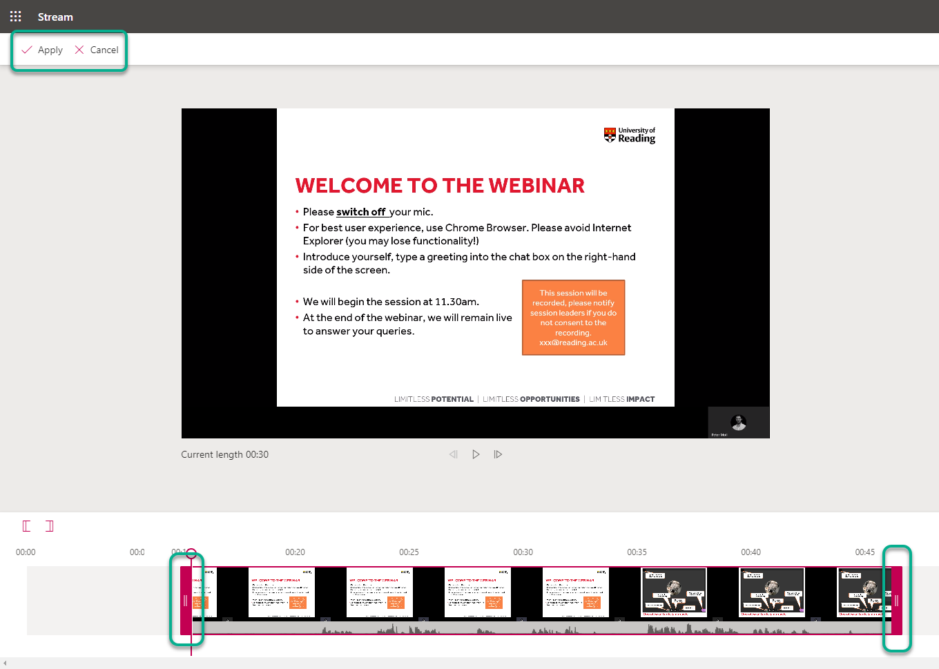 Microsoft Stream trim your video Blackboard Help for Students University of Reading