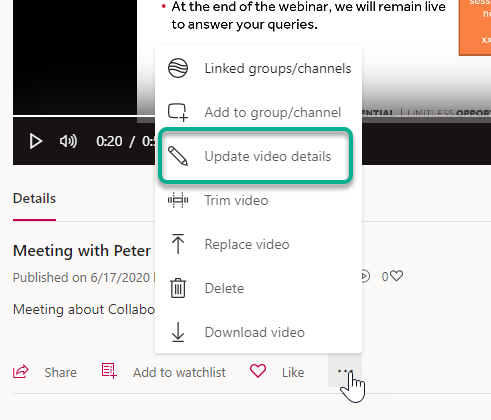Edit Video Details on more options screen highlighted.