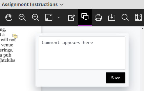 Screenshot of a comment being inserted in Blackboard Annotate
