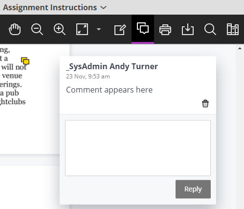 Screenshot of a saved comment in Blackboard Annotate