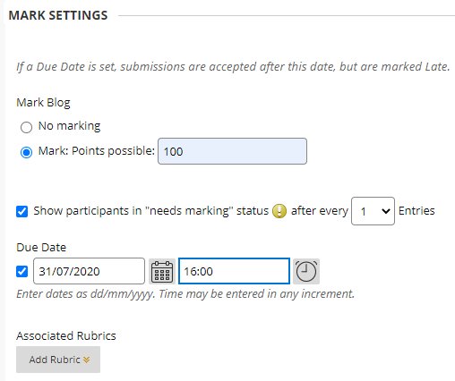 Blog marking settings