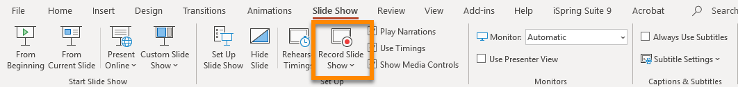 Ribbon from PowerPoint, focused on Record Slide Show
