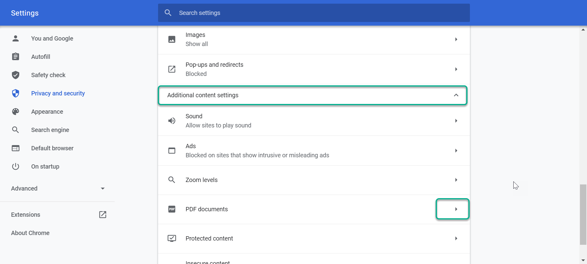 Showing opening the Additional content to access PDF Documents heading